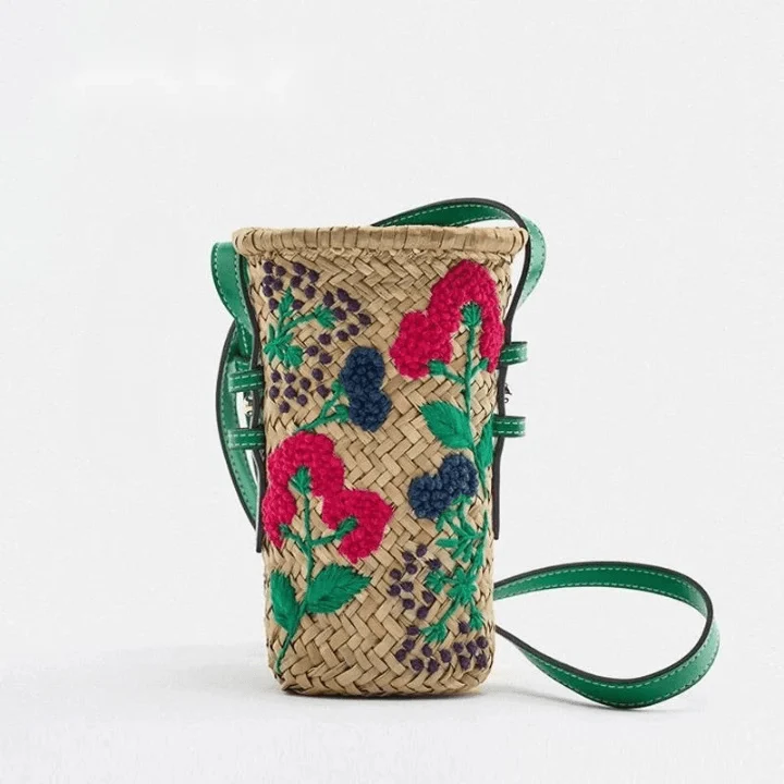 Praire Floral Embroidery Mini Straw Bucket Bag - Glova