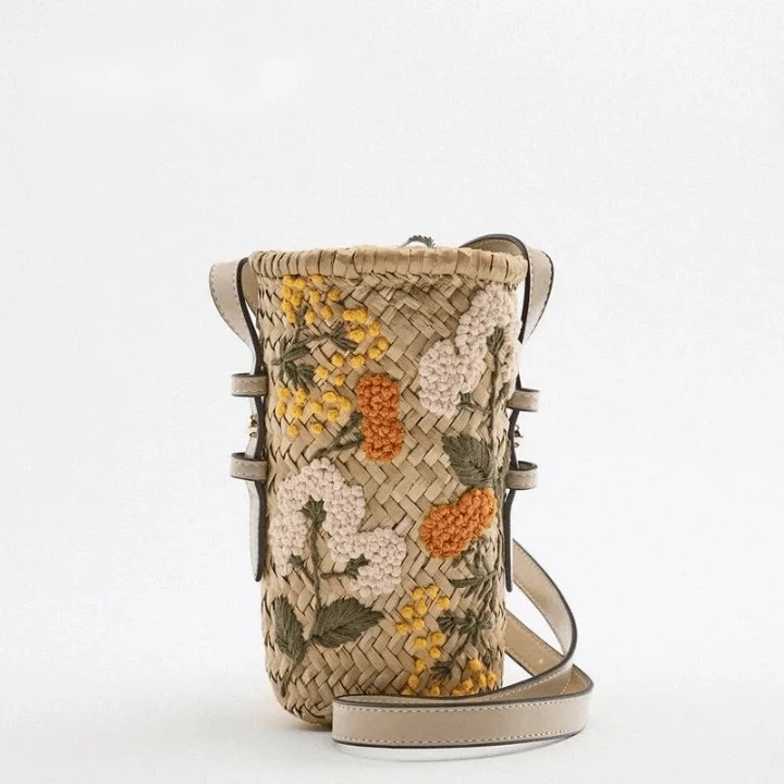 Praire Floral Embroidery Mini Straw Bucket Bag - Glova