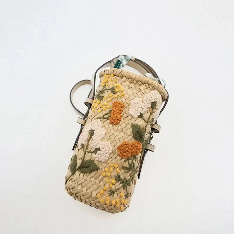 Praire Floral Embroidery Mini Straw Bucket Bag - Glova