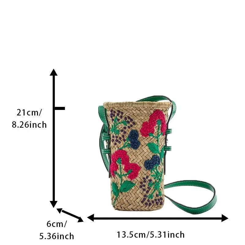 Praire Floral Embroidery Mini Straw Bucket Bag - Glova