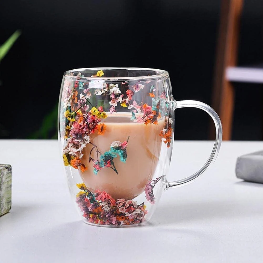 Pressed Flowers Double-Walled Glass Mug - Glova