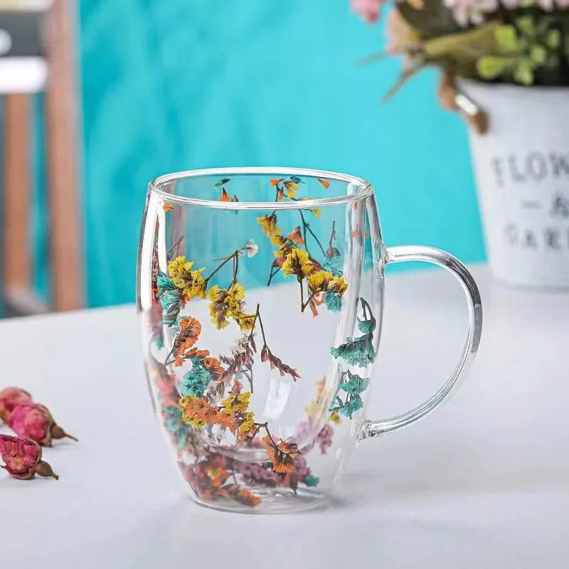 Pressed Flowers Double-Walled Glass Mug - Glova