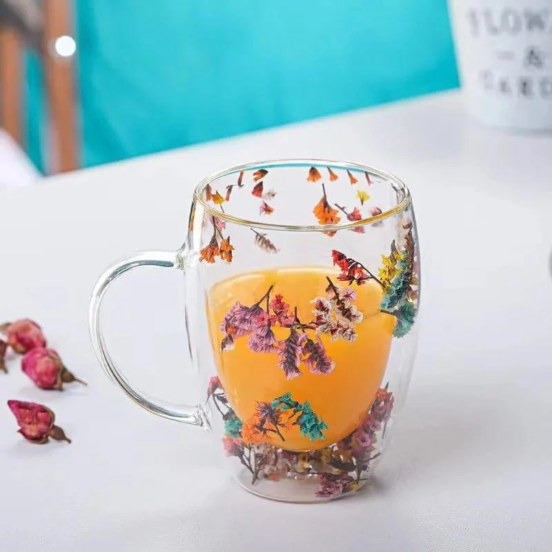 Pressed Flowers Double-Walled Glass Mug - Glova