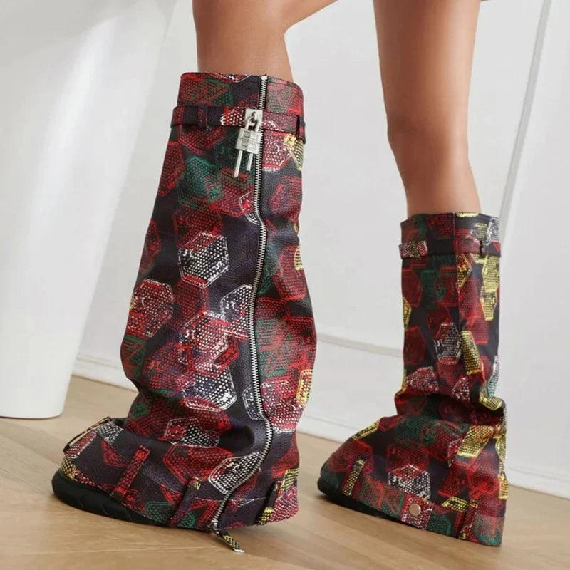 Print Wedge Heels Shark Lock Knee High Snake Booties - Glova