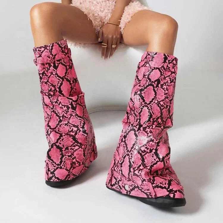 Print Wedge Heels Shark Lock Knee High Snake Booties - Glova