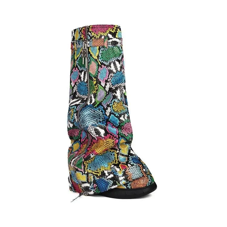 Print Wedge Heels Shark Lock Knee High Snake Booties - Glova