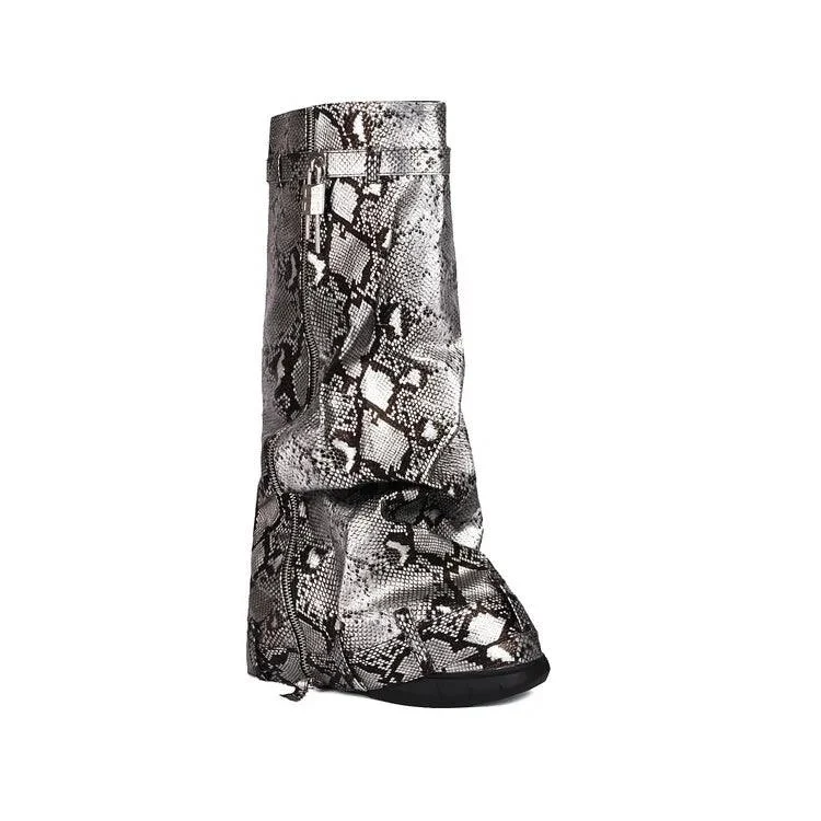 Print Wedge Heels Shark Lock Knee High Snake Booties - Glova