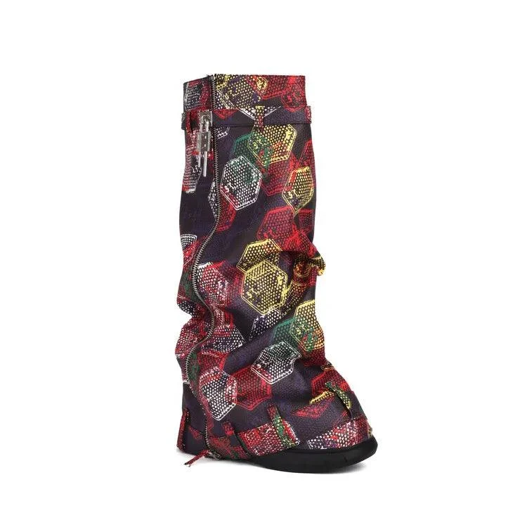 Print Wedge Heels Shark Lock Knee High Snake Booties - Glova