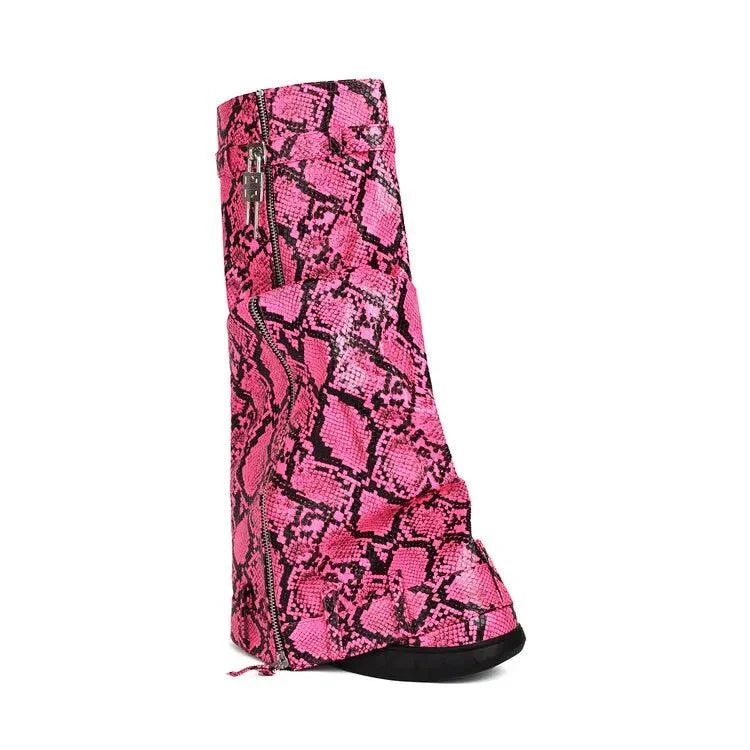 Print Wedge Heels Shark Lock Knee High Snake Booties - Glova