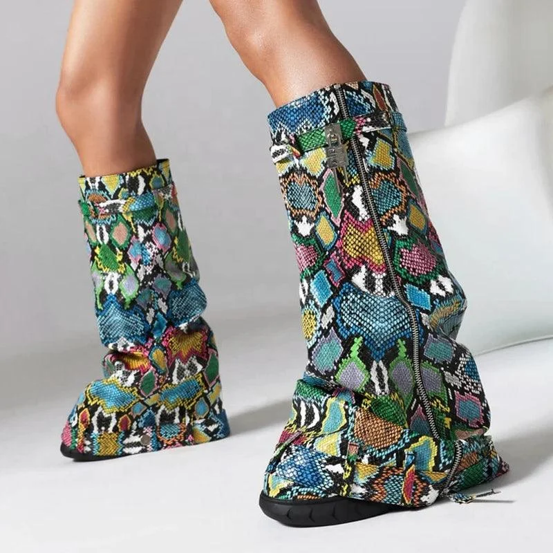 Print Wedge Heels Shark Lock Knee High Snake Booties - Glova