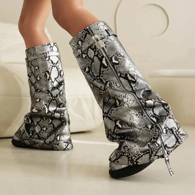 Print Wedge Heels Shark Lock Knee High Snake Booties - Glova