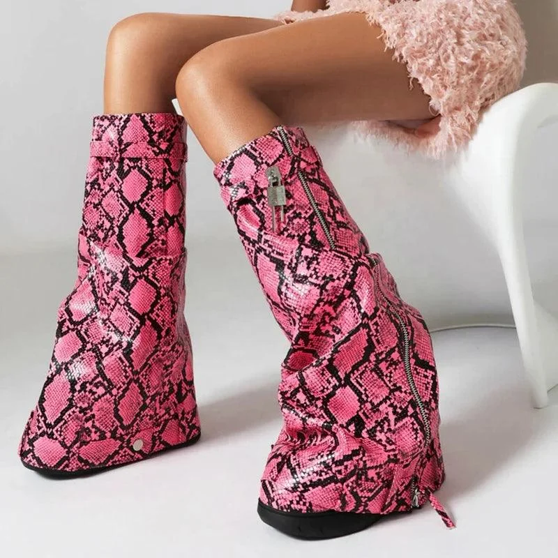 Print Wedge Heels Shark Lock Knee High Snake Booties - Glova