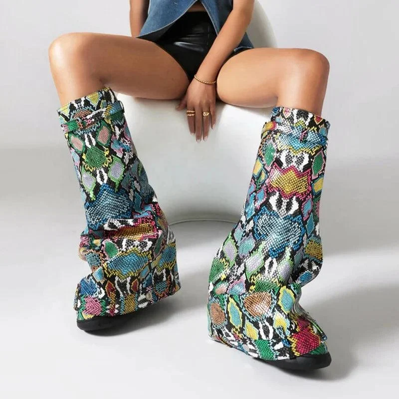 Print Wedge Heels Shark Lock Knee High Snake Booties - Glova