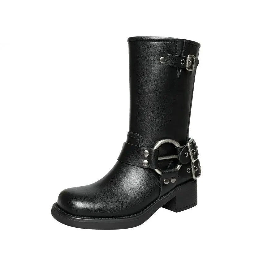 PU Leather Mid-Calf Boots Thick Heels Round Toe Size 34-39 - Glova