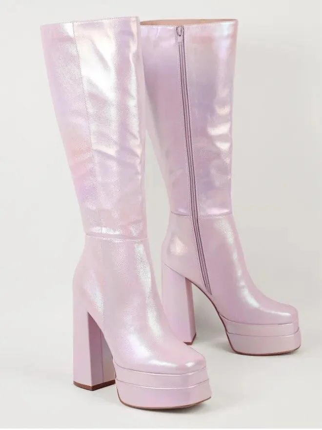 PU Leather Platform Knee High Boots Side Zipper Pink - Glova