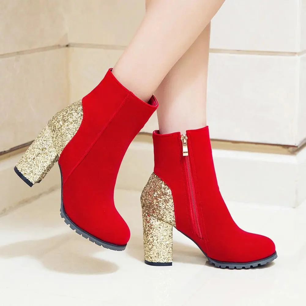 PU Leather Sequin Thick High Heels Zipper Boots - Glova