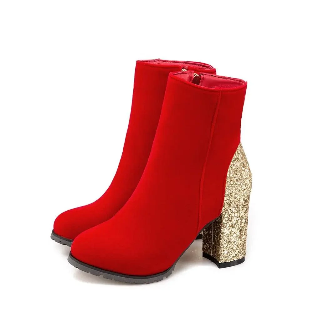 PU Leather Sequin Thick High Heels Zipper Boots - Glova