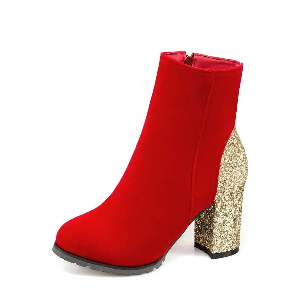 PU Leather Sequin Thick High Heels Zipper Boots - Glova