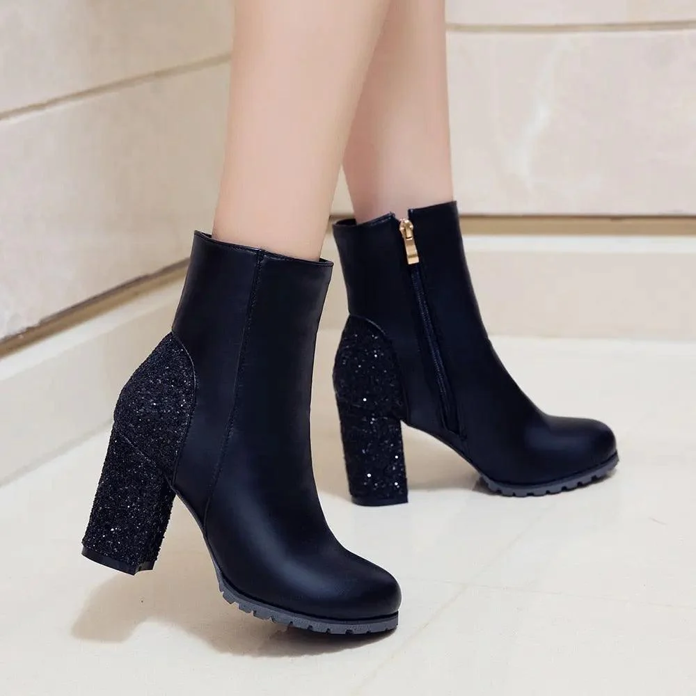 PU Leather Sequin Thick High Heels Zipper Boots - Glova