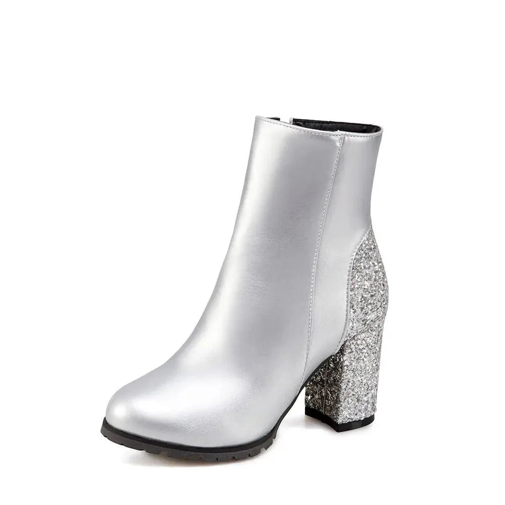 PU Leather Sequin Thick High Heels Zipper Boots - Glova