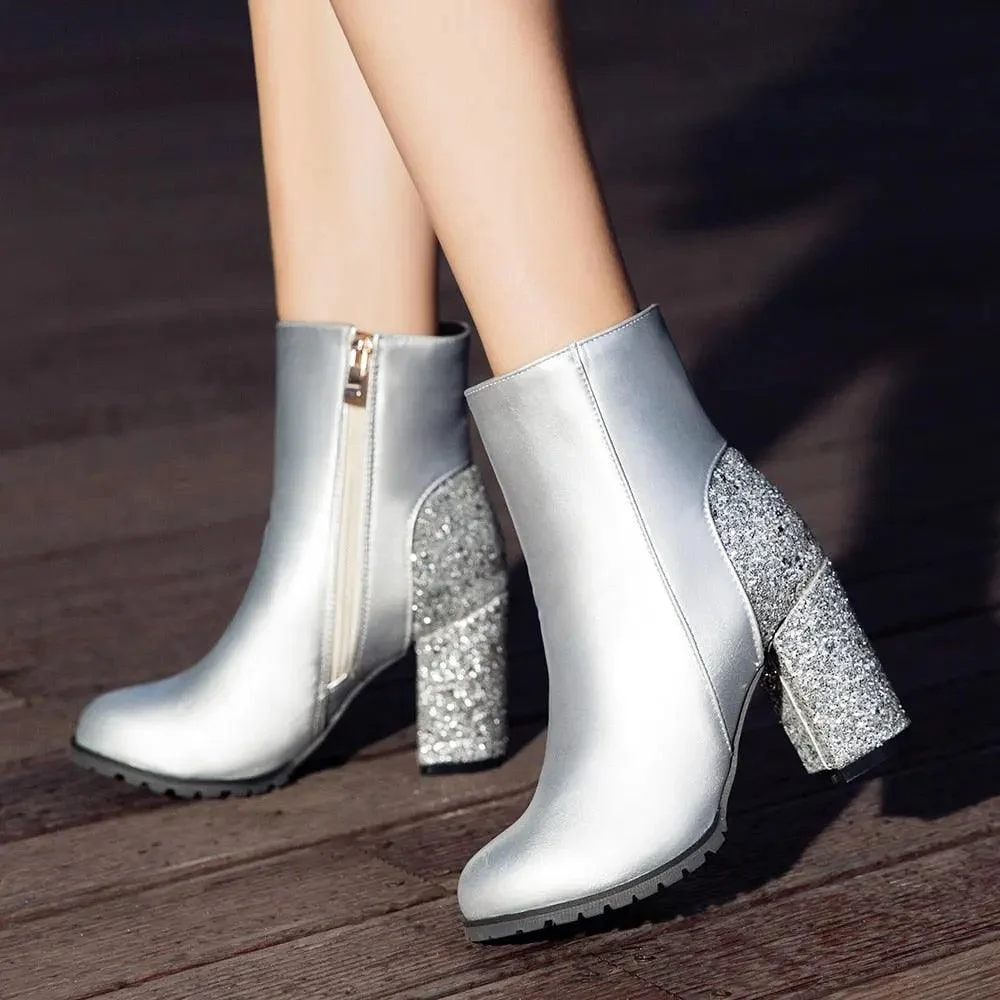 PU Leather Sequin Thick High Heels Zipper Boots - Glova