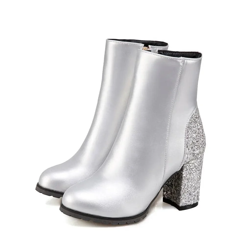 PU Leather Sequin Thick High Heels Zipper Boots - Glova