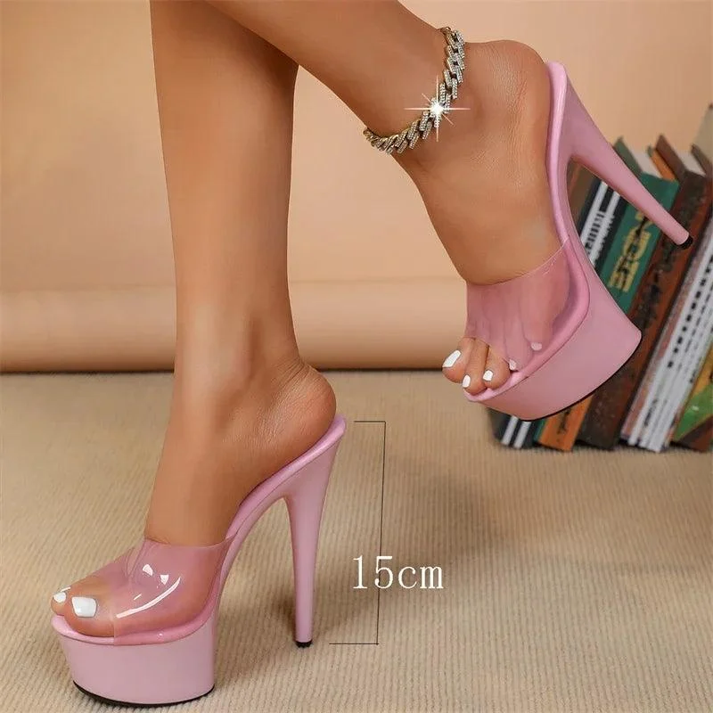 PU Leather Stiletto Heels PVC Transparent Slide Jelly Shoes - Glova