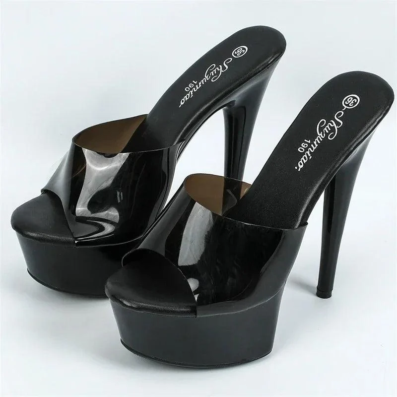 PU Leather Stiletto Heels PVC Transparent Slide Jelly Shoes - Glova