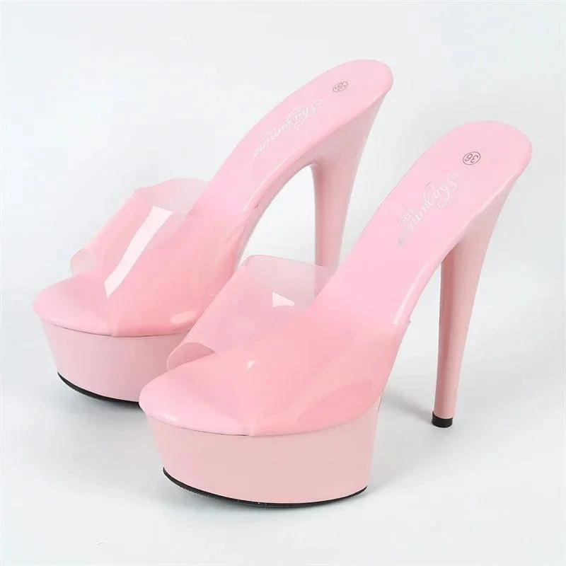 PU Leather Stiletto Heels PVC Transparent Slide Jelly Shoes - Glova