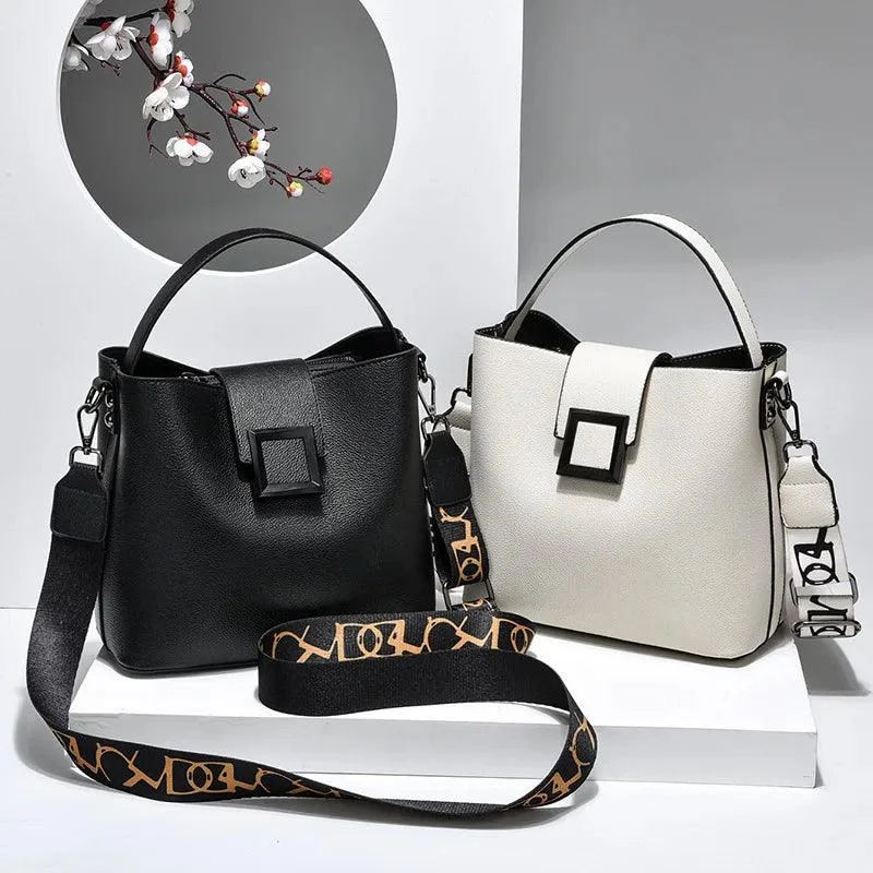 PU Leather Wide Strap Top-Handle Crossbody Shoulder Bag - Glova