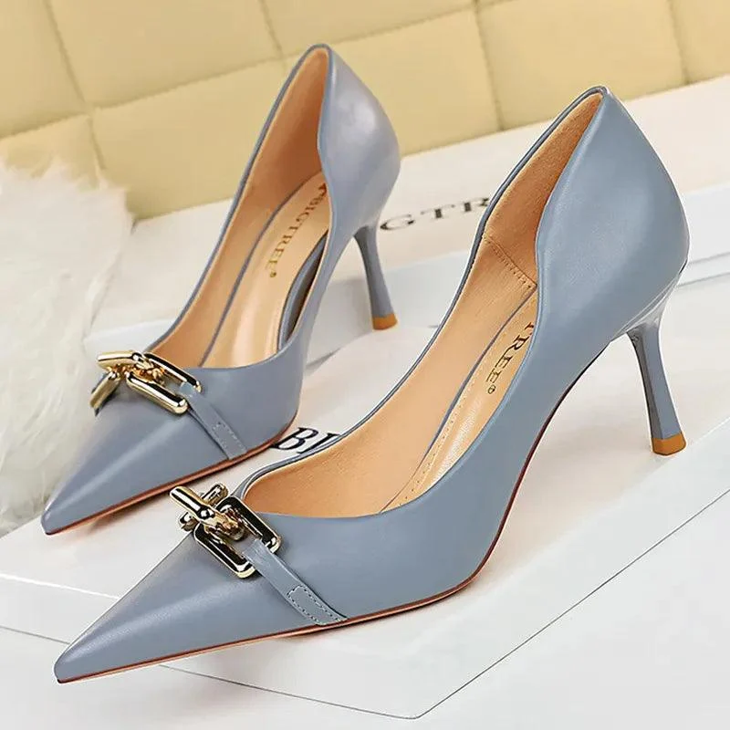 Pumps Metal Button Kitten Heels Women Shoes - Glova