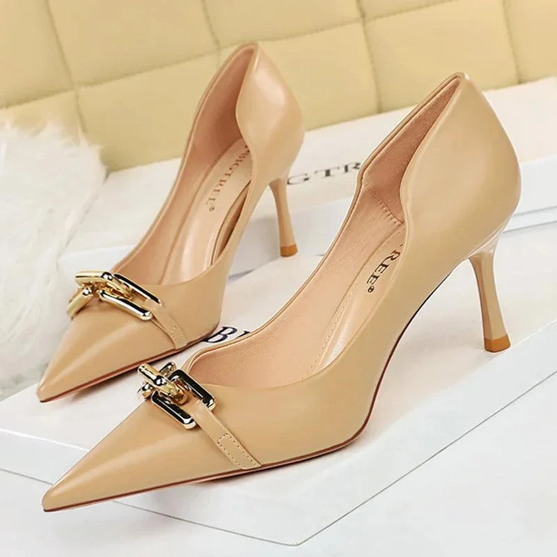 Pumps Metal Button Kitten Heels Women Shoes - Glova