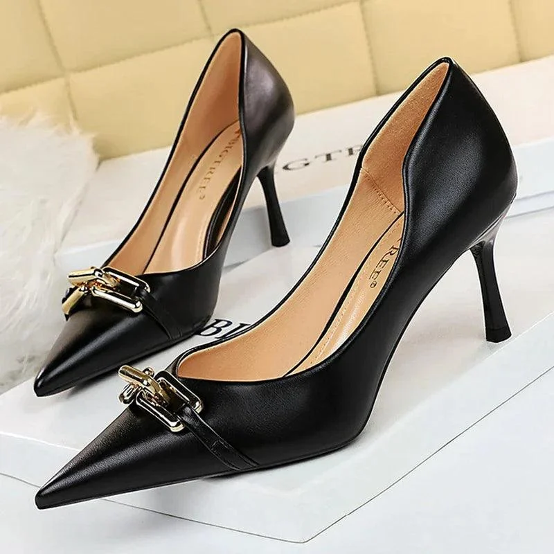 Pumps Metal Button Kitten Heels Women Shoes - Glova