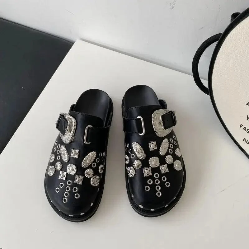 Punk Metal Rivet Charms Black PU Mules Slip On Shoes - Glova