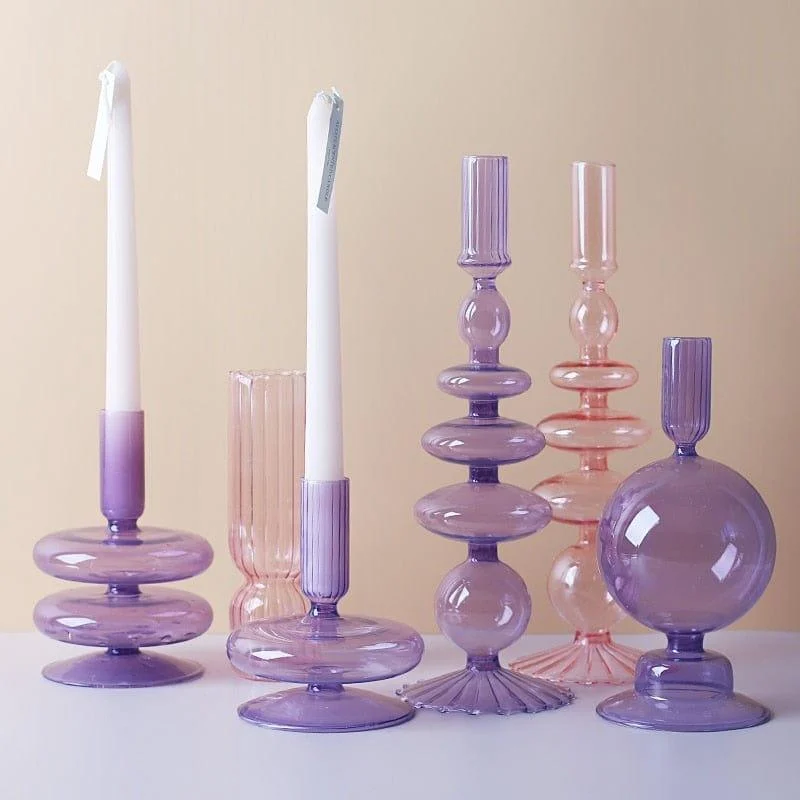 Purple and Pink Glass Candle Holders - Glova