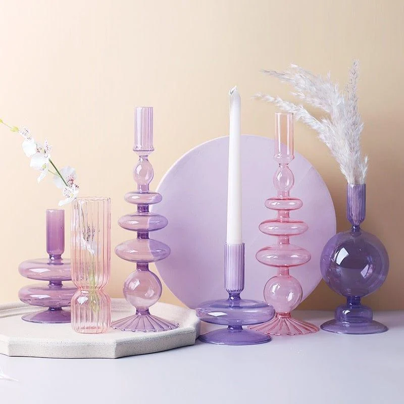 Purple and Pink Glass Candle Holders - Glova