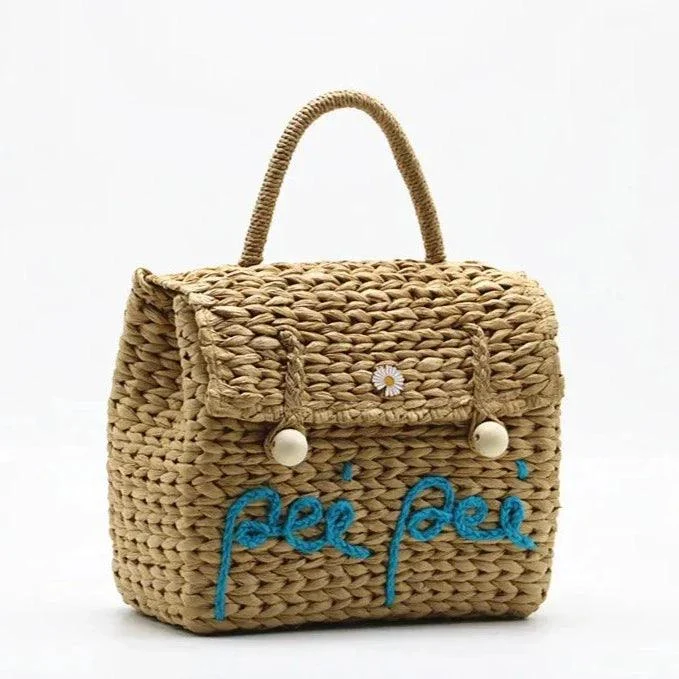 Rae Embroidery Straw Satchel Tote Bag - Glova