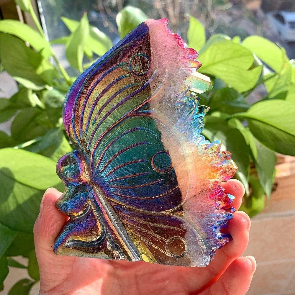 Rainbow Aura Quartz Butterfly Carving - Glova