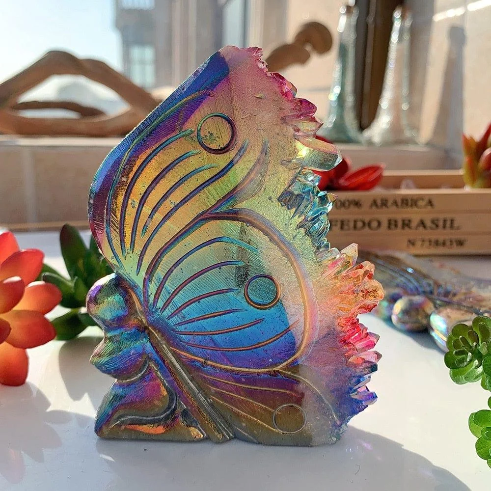 Rainbow Aura Quartz Butterfly Carving - Glova