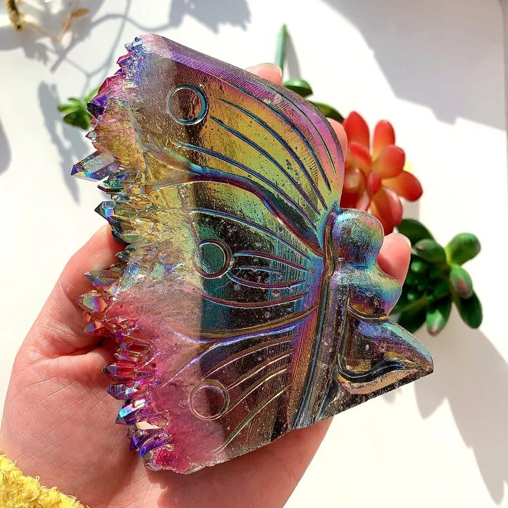 Rainbow Aura Quartz Butterfly Carving - Glova