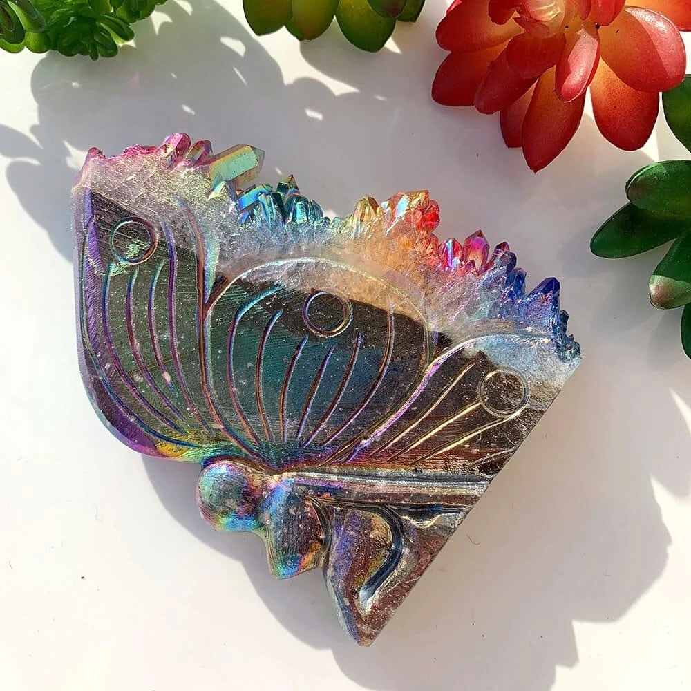 Rainbow Aura Quartz Butterfly Carving - Glova