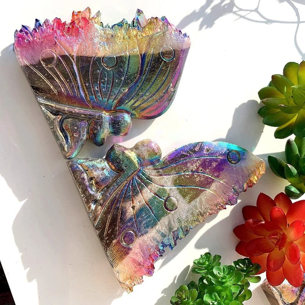 Rainbow Aura Quartz Butterfly Carving - Glova