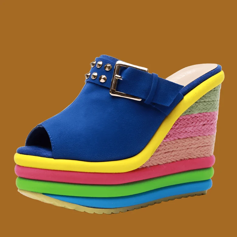 Rainbow Bowknot Hemp Bottom Ankle Buckle Platform Shoes - Glova