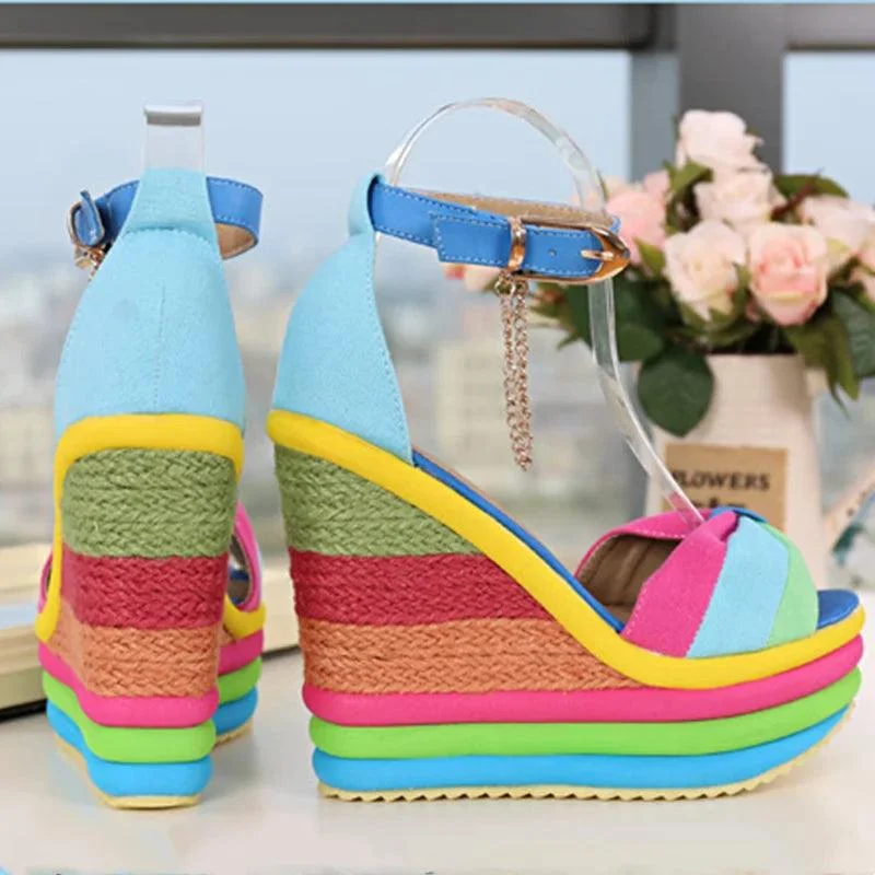 Rainbow Bowknot Hemp Bottom Ankle Buckle Platform Shoes - Glova