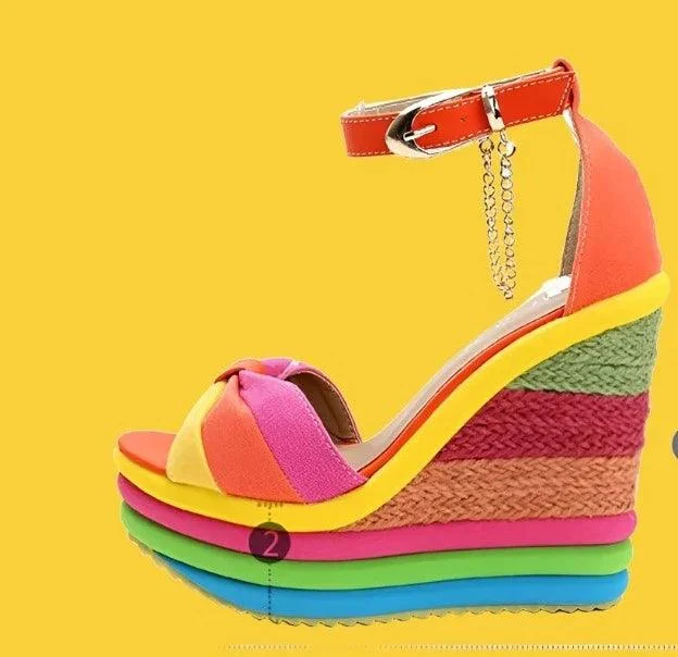 Rainbow Bowknot Hemp Bottom Ankle Buckle Platform Shoes - Glova