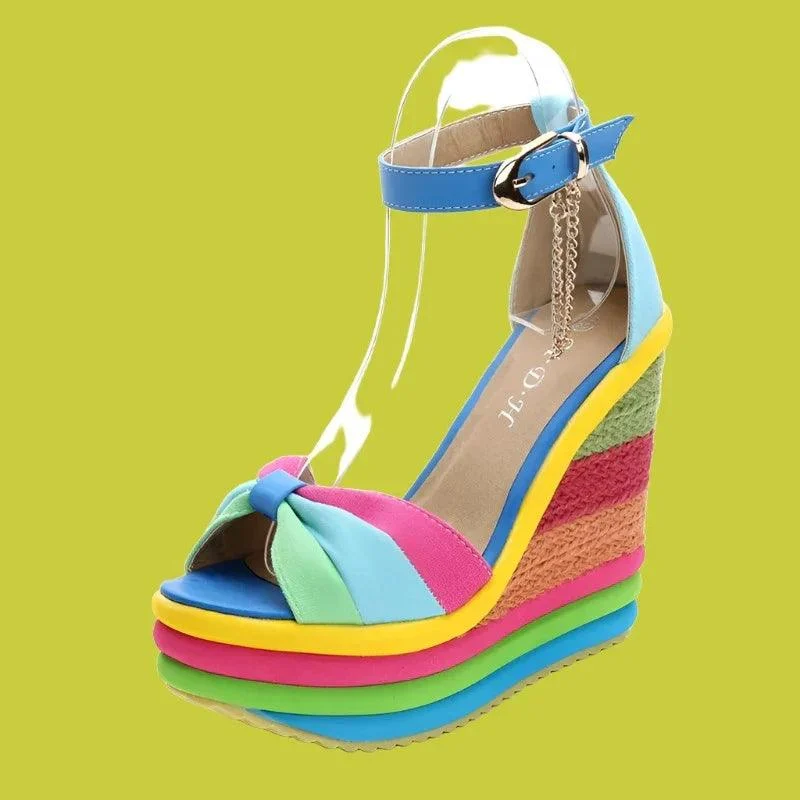 Rainbow Bowknot Hemp Bottom Ankle Buckle Platform Shoes - Glova