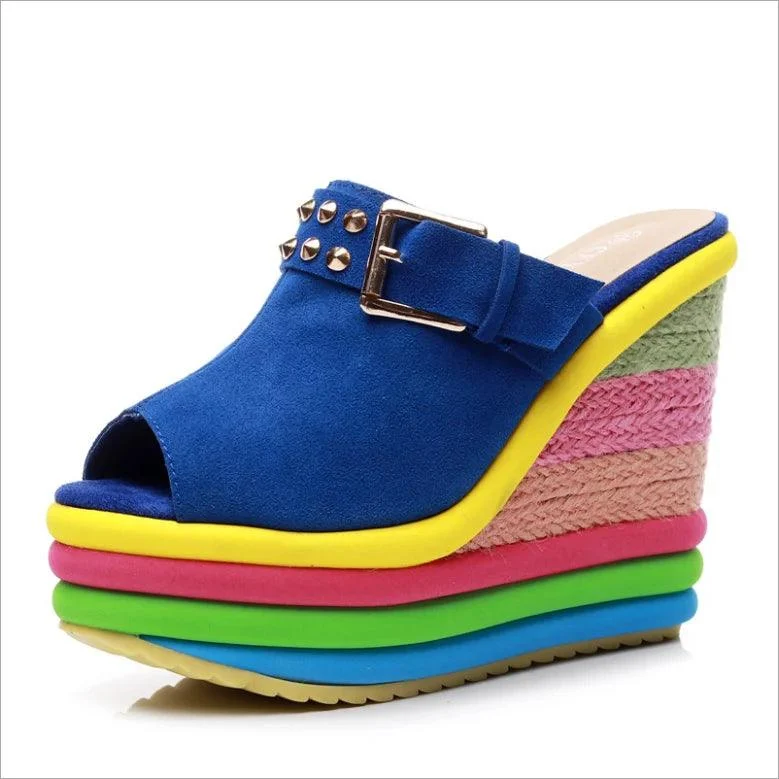 Rainbow Bowknot Hemp Bottom Ankle Buckle Platform Shoes - Glova