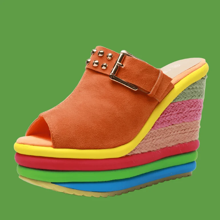 Rainbow Bowknot Hemp Bottom Ankle Buckle Platform Shoes - Glova