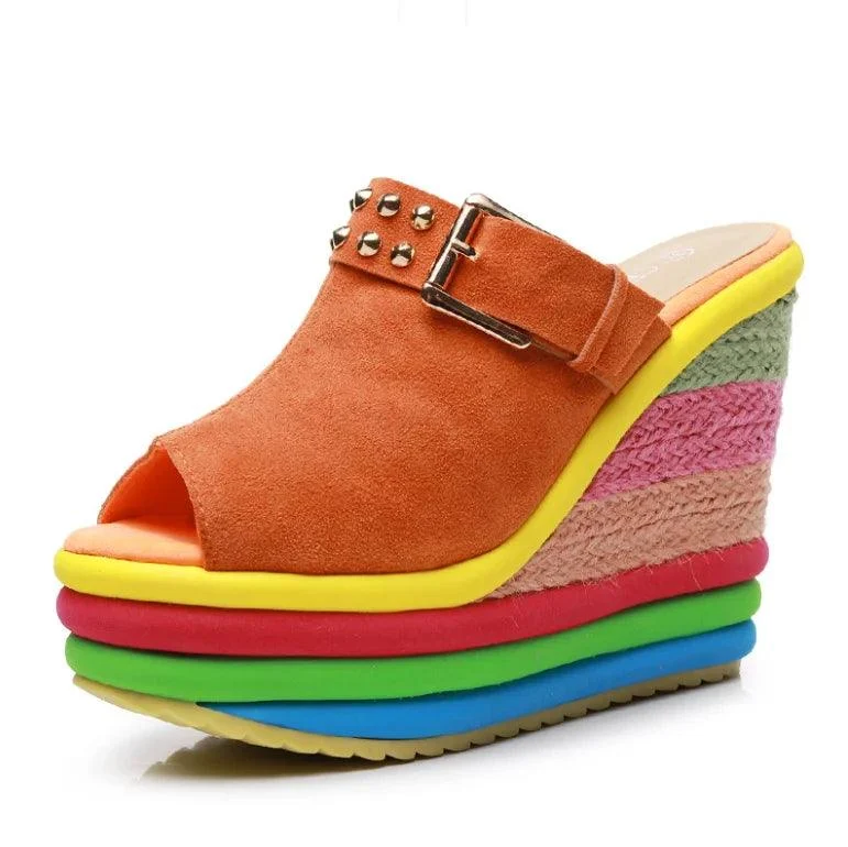 Rainbow Bowknot Hemp Bottom Ankle Buckle Platform Shoes - Glova