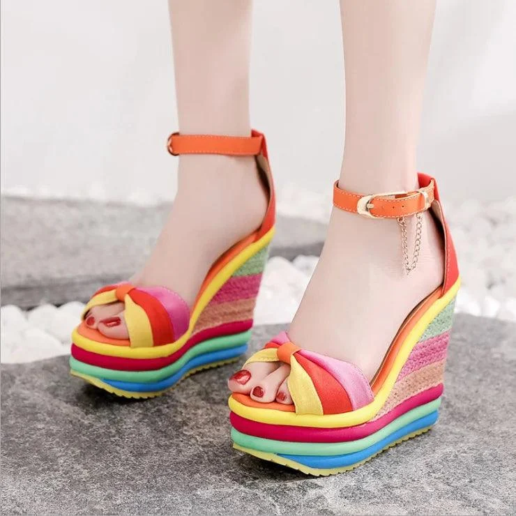 Rainbow Bowknot Hemp Bottom Ankle Buckle Platform Shoes - Glova